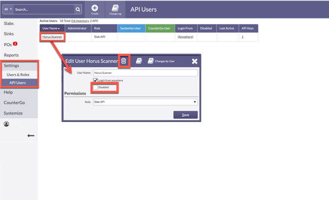 disable or delete a slab API User in Moraware.com