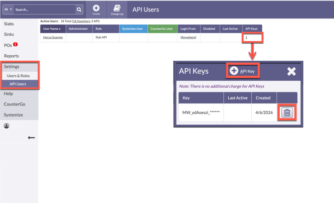 create or delete API keys in Moraware Inventory