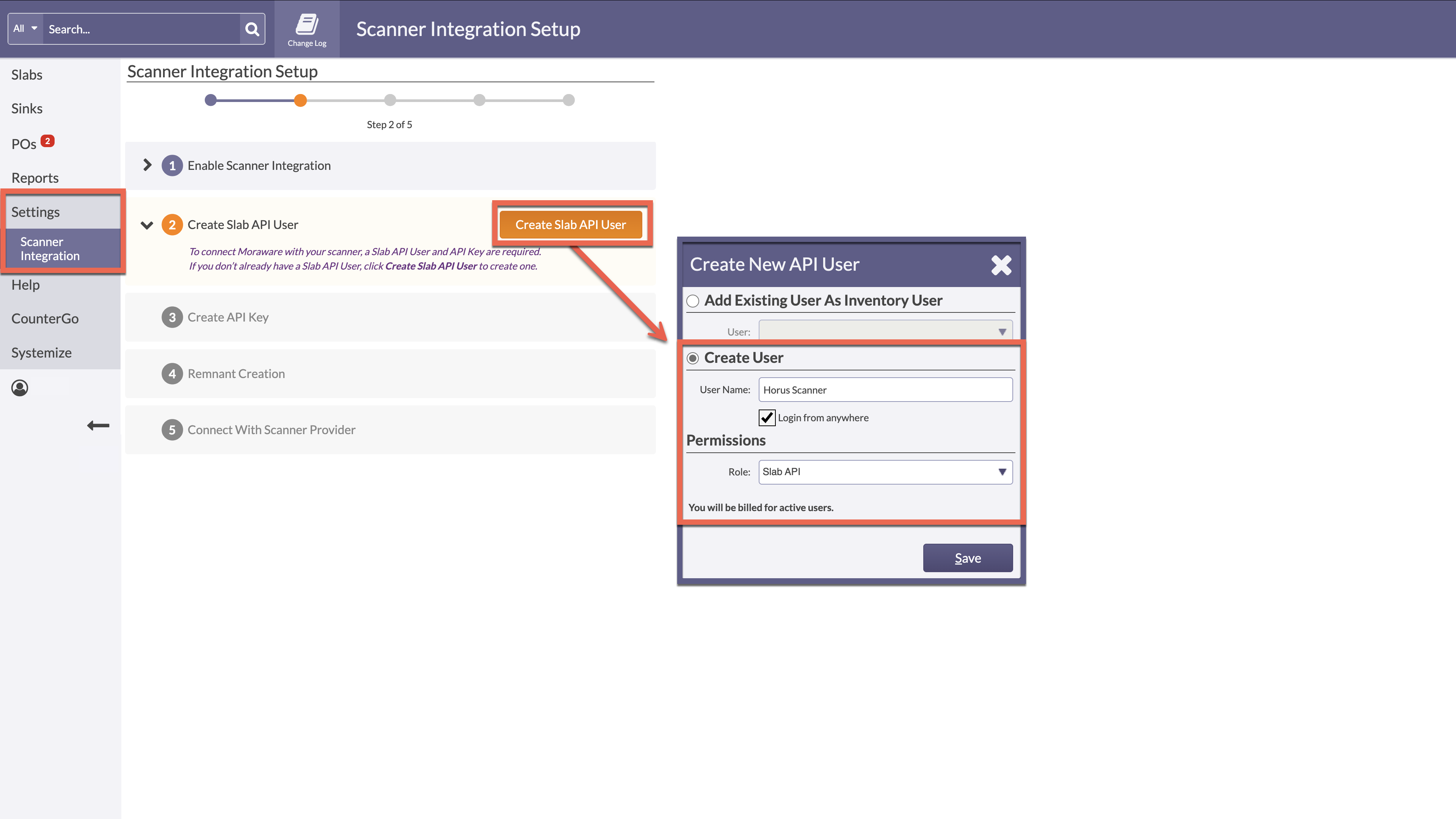 create an API user for slab scanner integration in Moraware Inventory