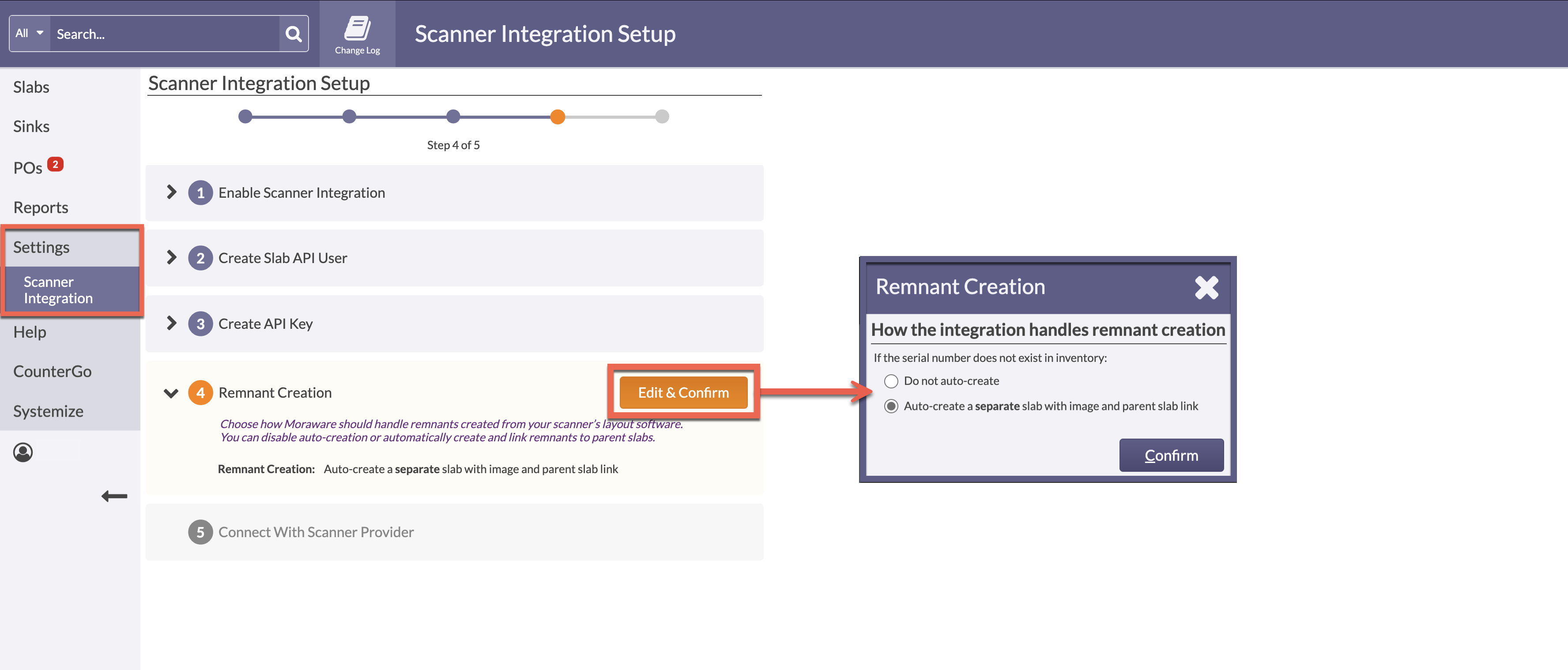 set remnant creation preferences in Moraware inventory for slab scanner integration