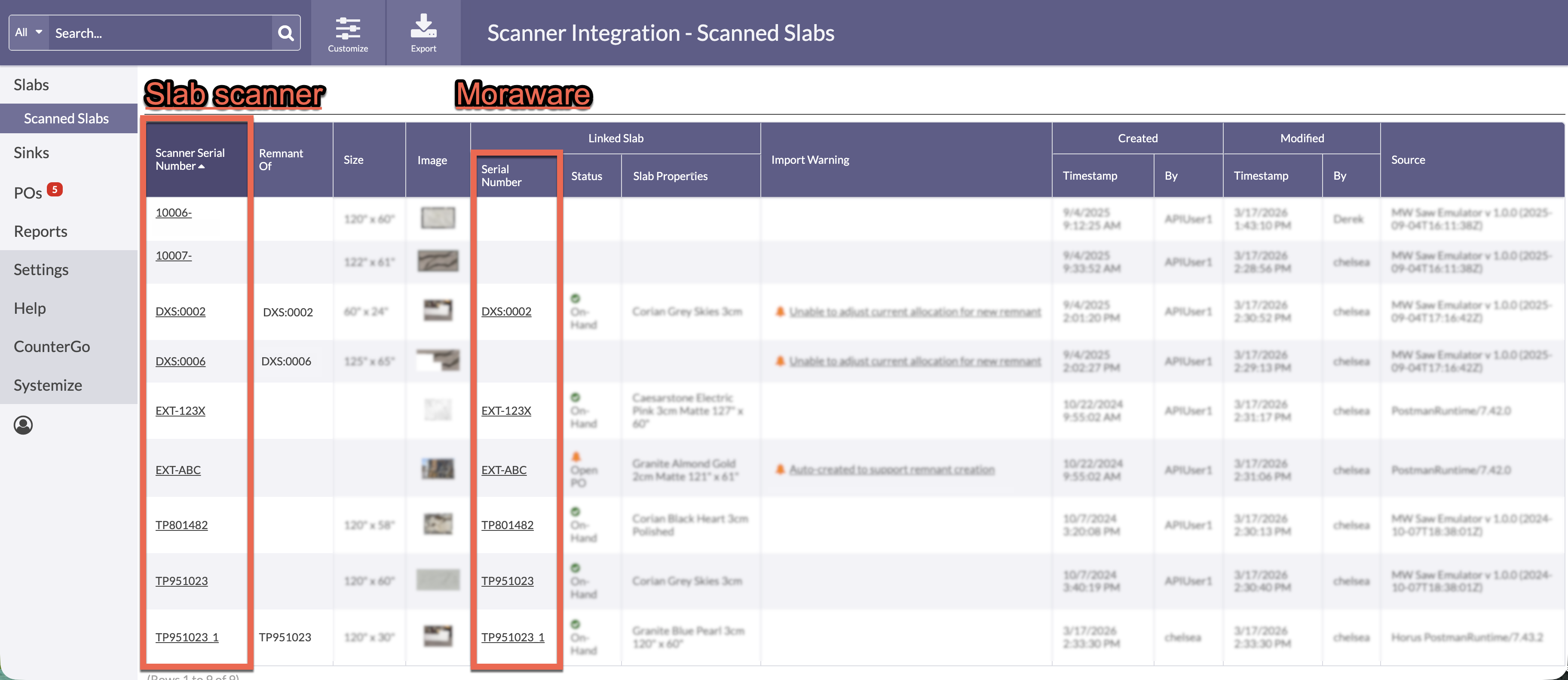Scanner entered serial numbers vs Moraware entered serial numbers