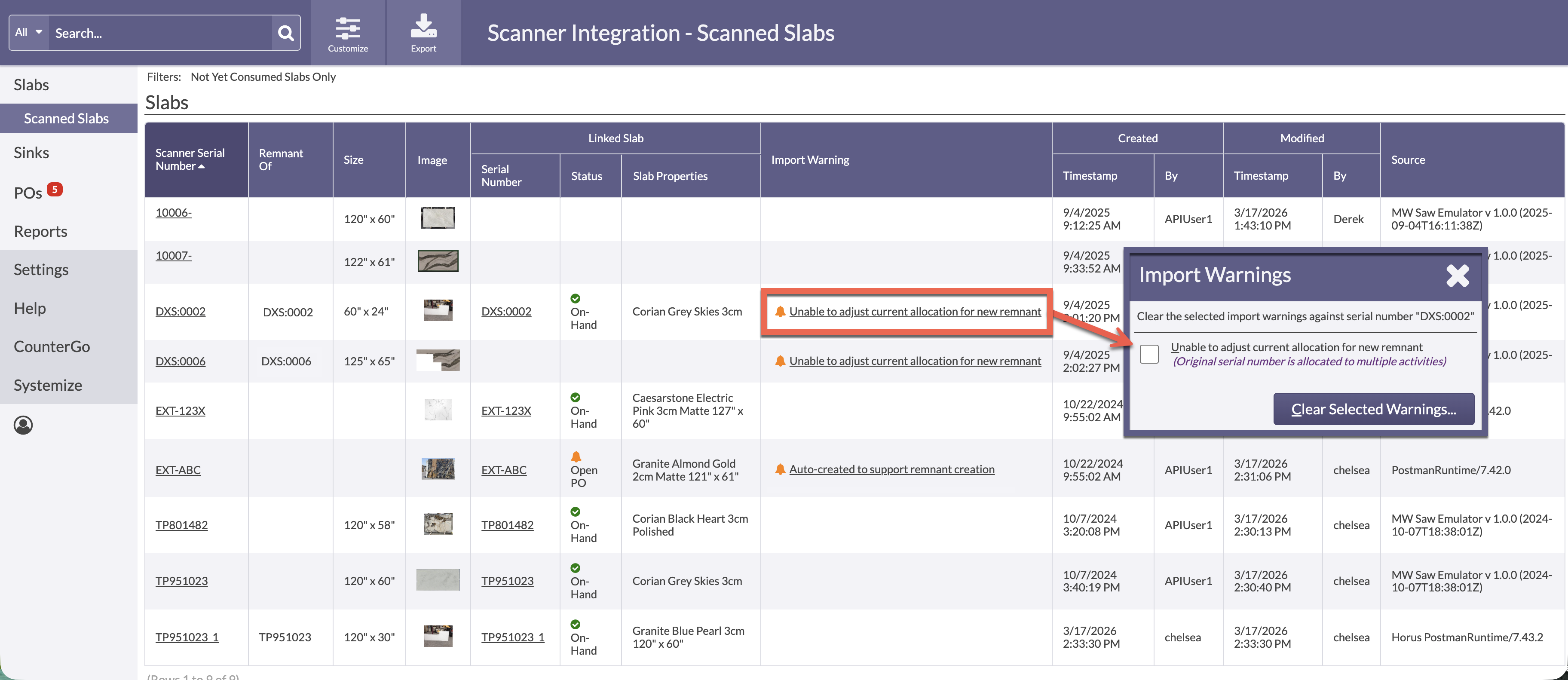 view imported warnings when viewing scanned slabs 