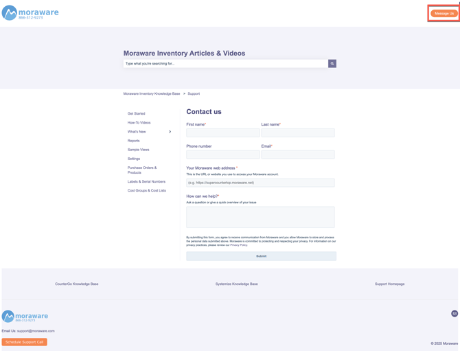 support email form in the moraware inventory knowledge base