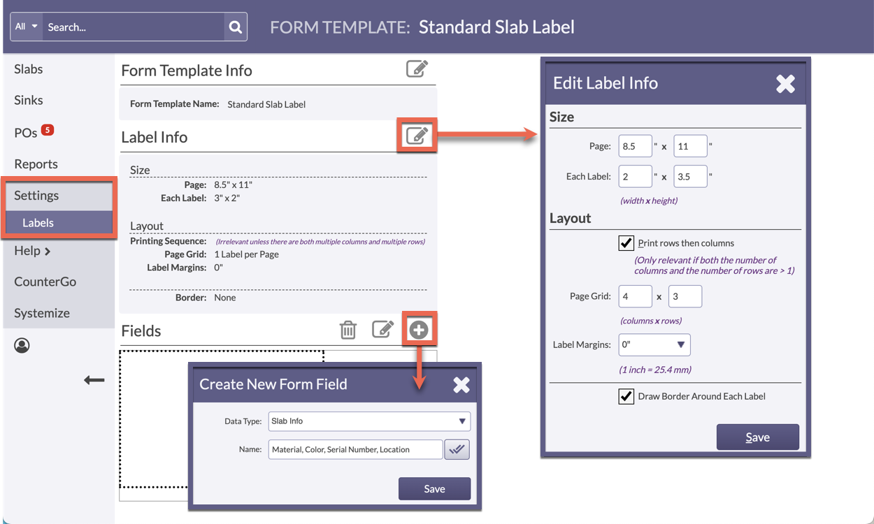 enter layout and data information into label forms