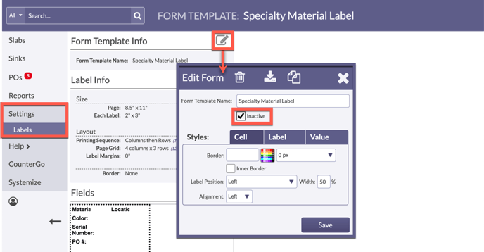 inactivate or activate a label form