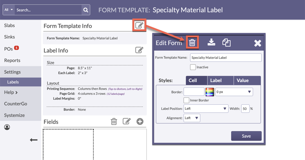 delete a label form after deleting all fields