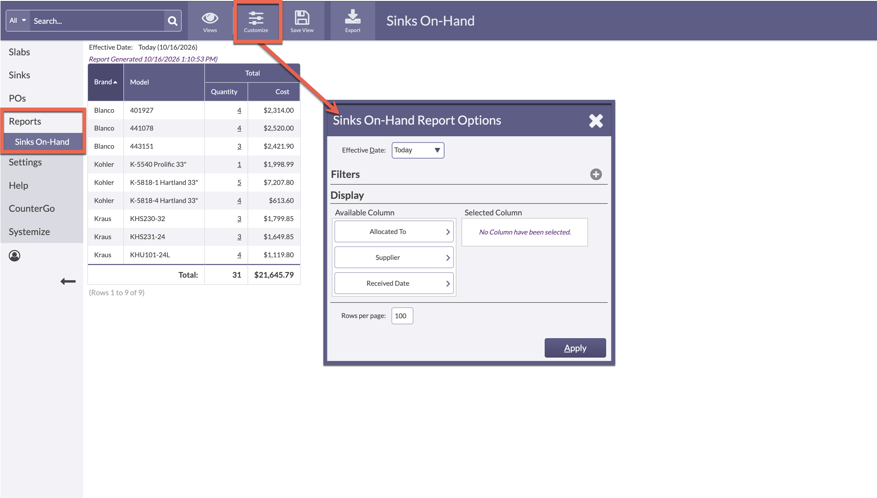 customize an inventory sink report