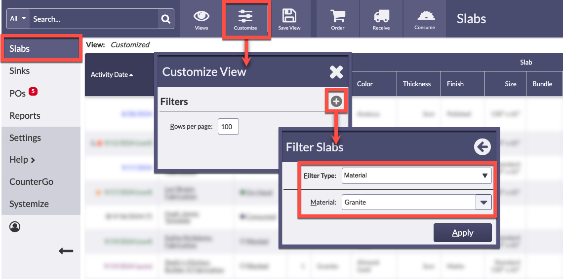 Filter a slab view by material