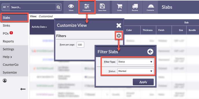 filter a slab view by wanted status