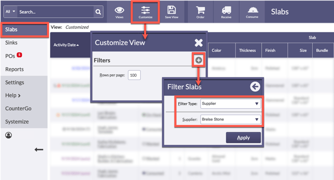 filter a slab view by supplier