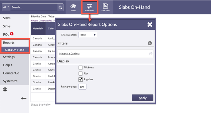 filter an on-hand slab report